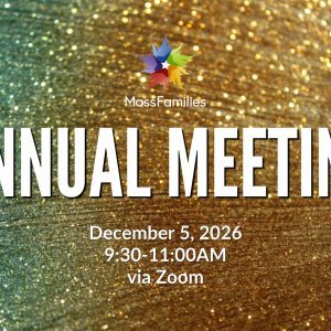 Glittery banner with text in center: MASSFAMILIES ANNUAL MEETING December 5, 2026 9:30-11:00am