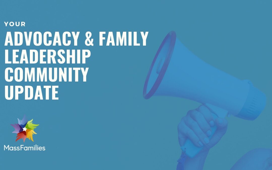Text: "YOUR ADVOCACY & FAMILY LEADERSHIP COMMUNITY UPDATE" + MassFamilies logo in bottom left + BLUE banner with hand holding a megaphone in the bottom right