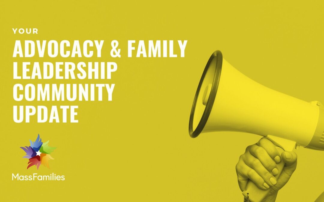 Text: "YOUR ADVOCACY & FAMILY LEADERSHIP COMMUNITY UPDATE" + MassFamilies logo in bottom left + yellow banner with hand holding a megaphone in the bottom right