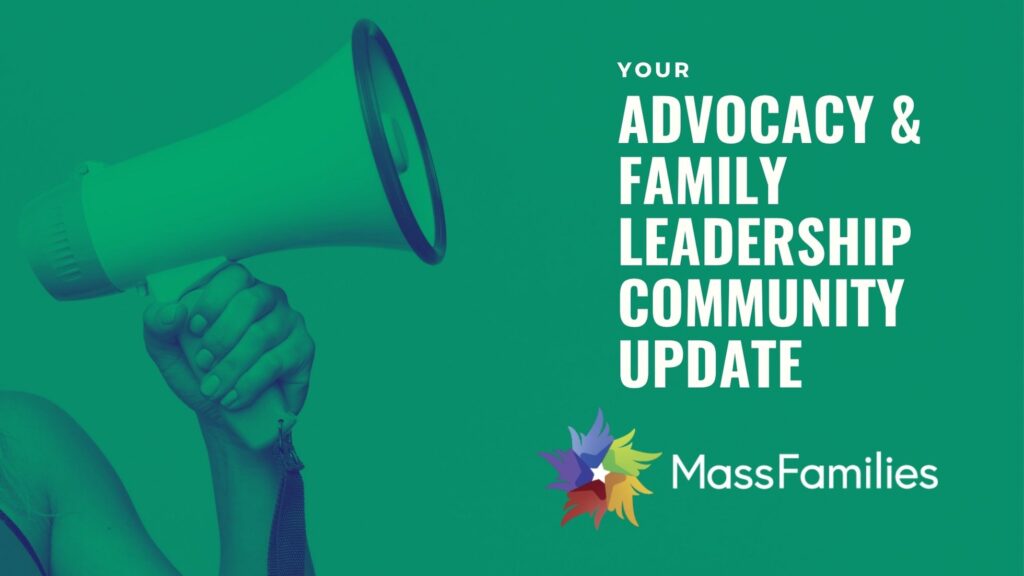 Green banner with a hand holding up a megaphone on the left + uppercase left aligned text on the right: your advocacy and family leadership community update